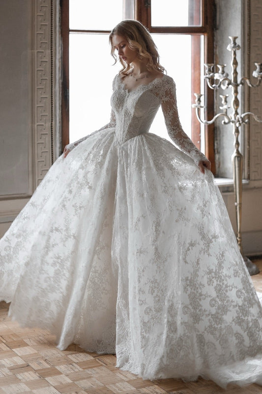 Long Sleeve Lace Corset Ball Gown Wedding Dress