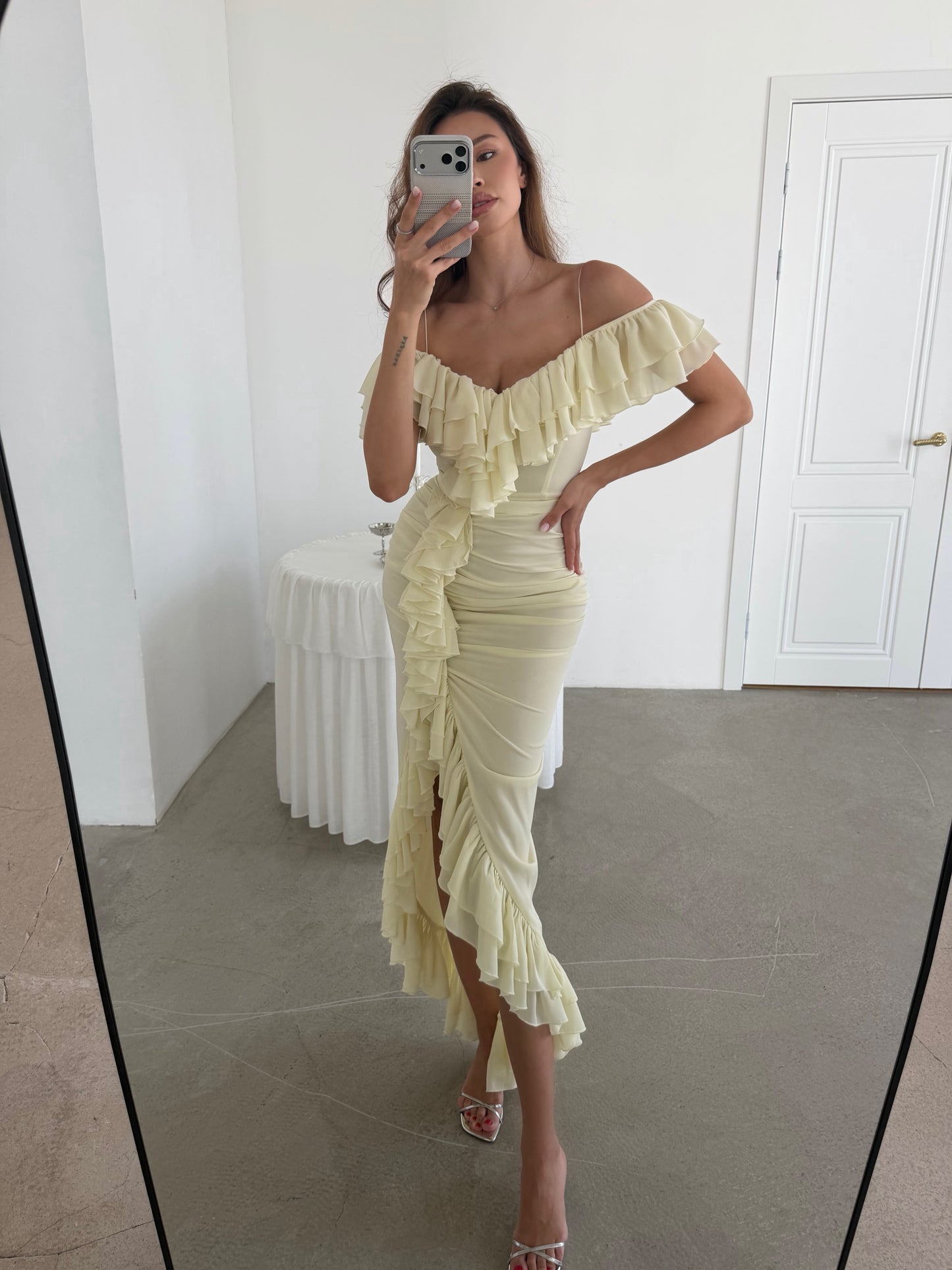 Off-the-Shoulder Ruched Ruffle Maxi Dress