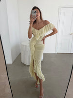 Off-the-Shoulder Ruched Ruffle Maxi Dress