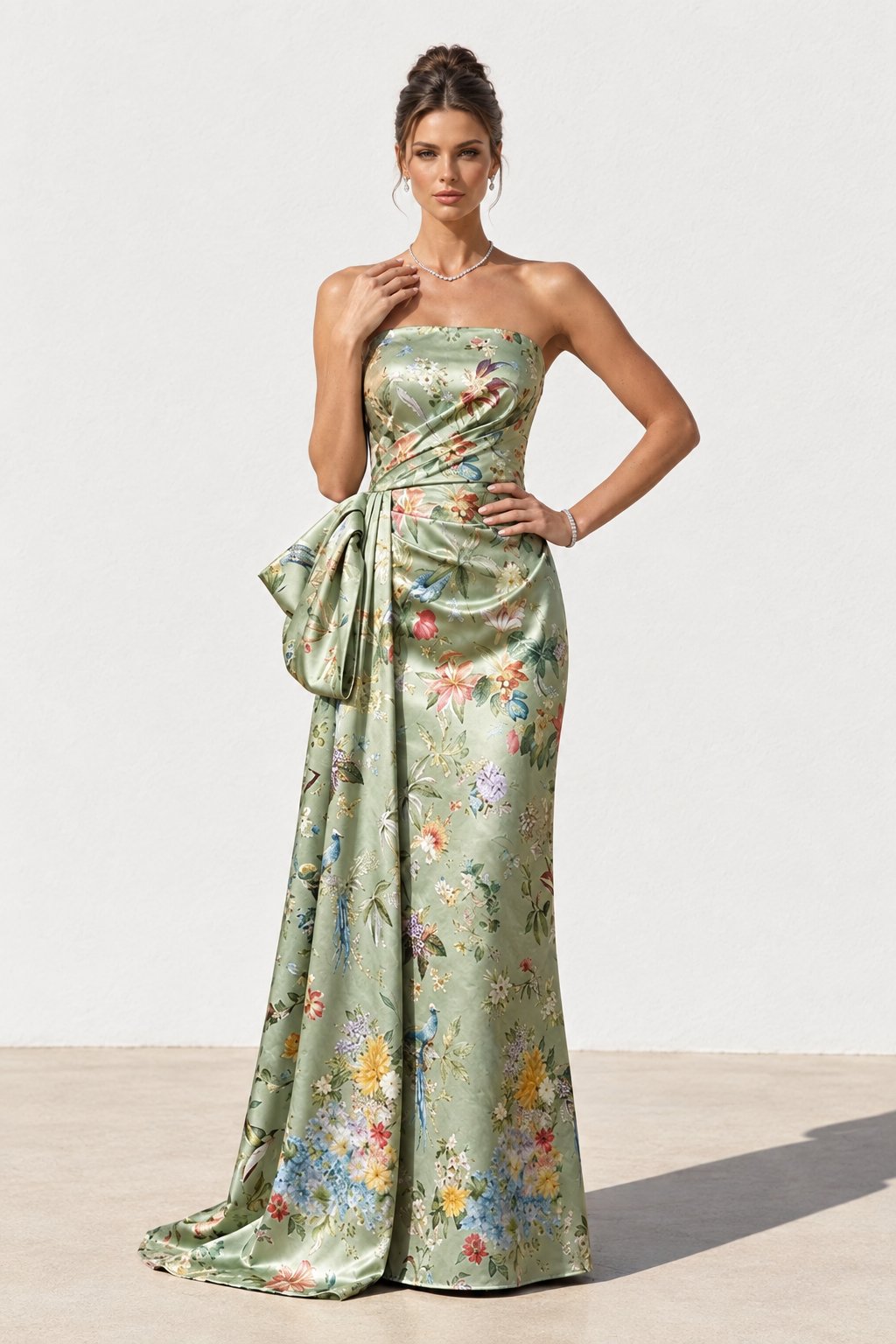 Strapless Floral Satin Gown with Side Drape