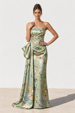 Strapless Floral Satin Gown with Side Drape