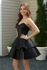 Strapless Tiered Satin Mini Dress with Back Bow