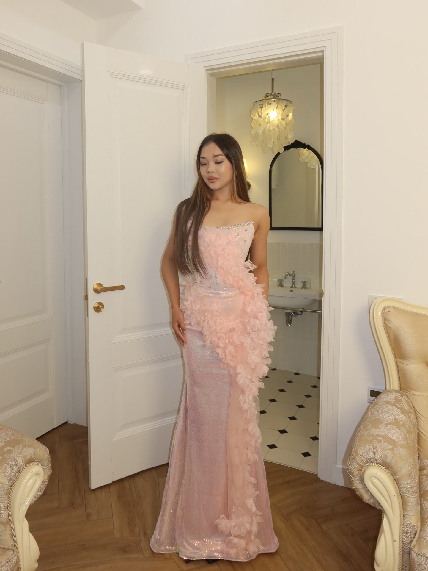 Strapless Corset Mermaid Gown with 3D Flowers
