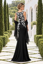Floral Applique Sleeveless Column Gown with Shawl