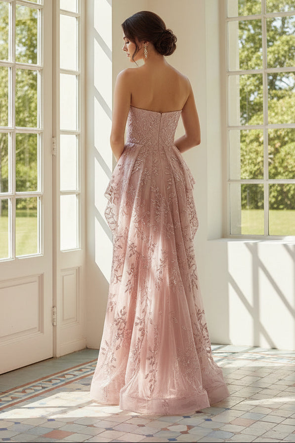 Strapless Embroidered Peplum Evening Gown