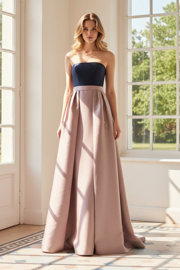 Strapless Pleated Two-Tone Evening Gown