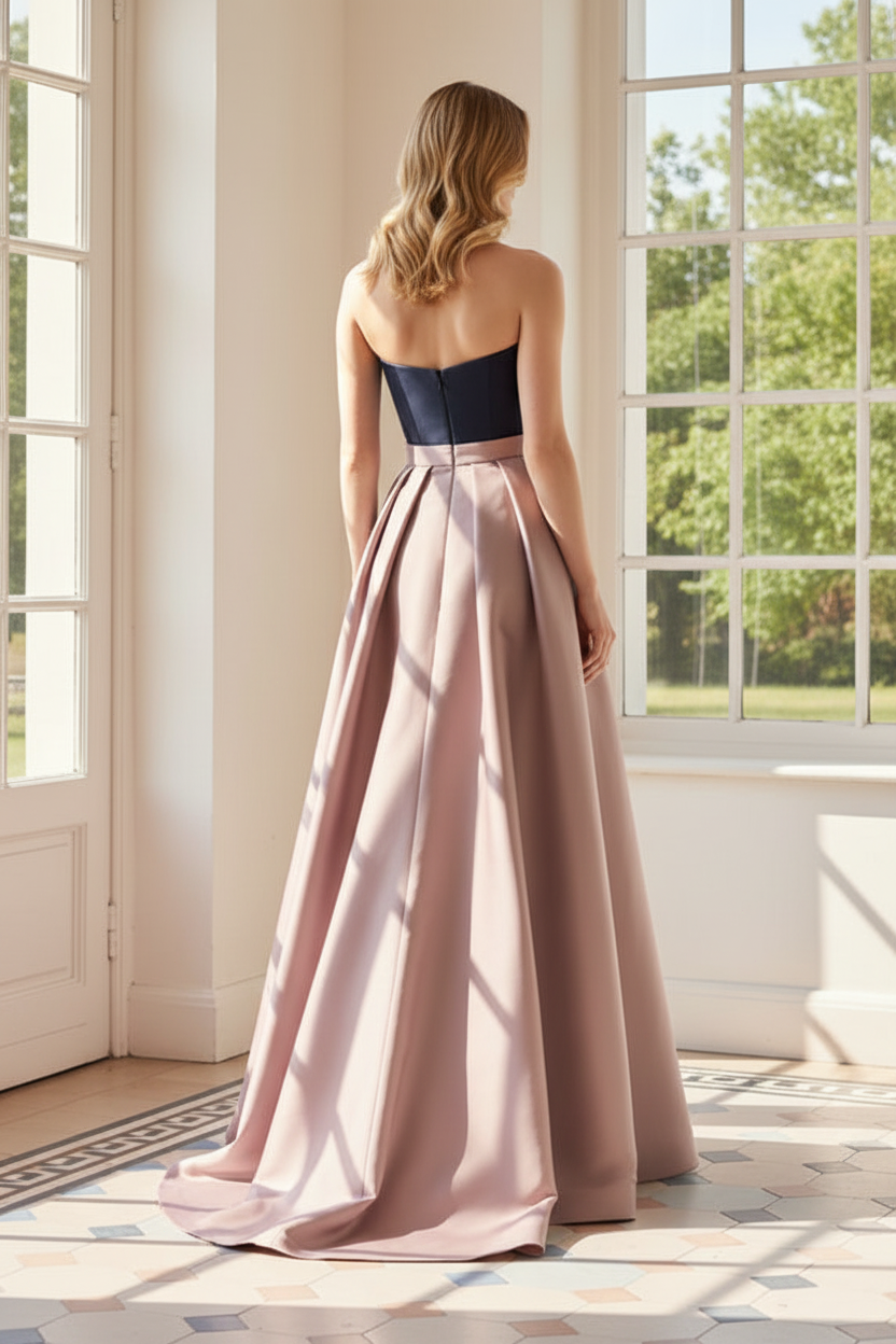 Strapless Pleated Two-Tone Evening Gown