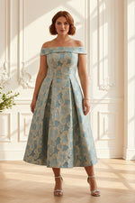 Off-Shoulder Floral Jacquard Tea-Length Pleated Dress