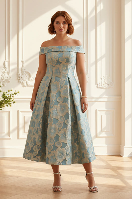 Off-Shoulder Floral Jacquard Tea-Length Pleated Dress