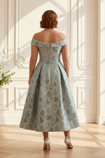 Off-Shoulder Floral Jacquard Tea-Length Pleated Dress