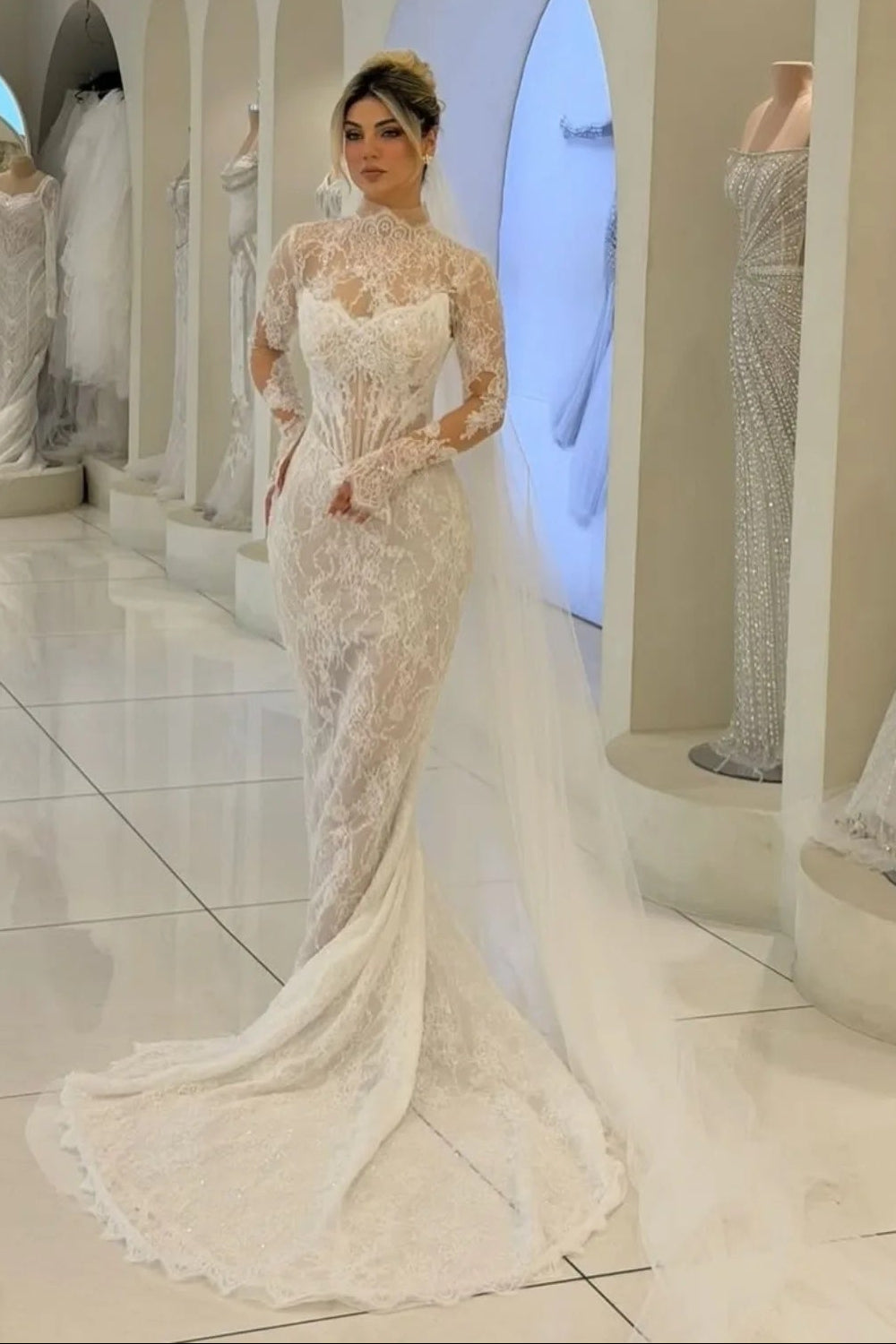 Illusion High Neck Corset Mermaid Wedding Gown