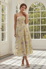 Strapless Floral Embroidered A-Line Midi Dress