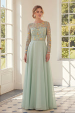 Embroidered Illusion Long Sleeve A-Line Gown