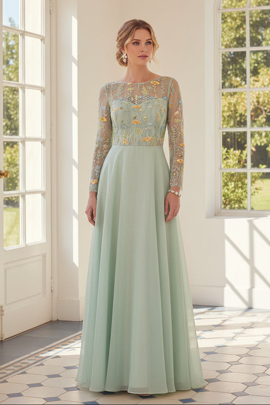 Embroidered Illusion Long Sleeve A-Line Gown