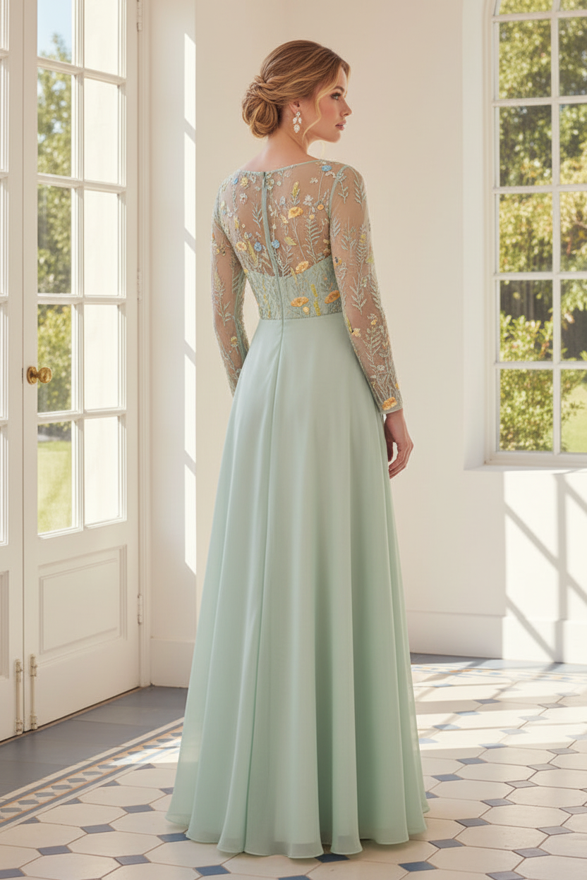 Embroidered Illusion Long Sleeve A-Line Gown