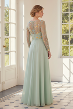 Embroidered Illusion Long Sleeve A-Line Gown