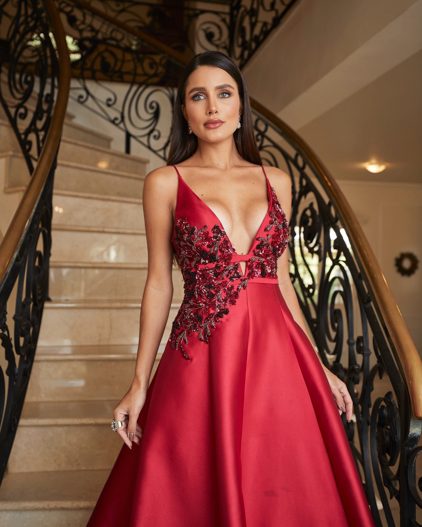 Plunging Deep V-Neck Beaded Satin A-Line Evening Gown