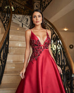 Plunging Deep V-Neck Beaded Satin A-Line Evening Gown