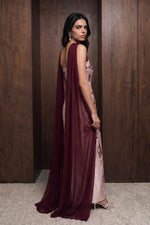 Embroidered Column Gown with Crisscross Cape