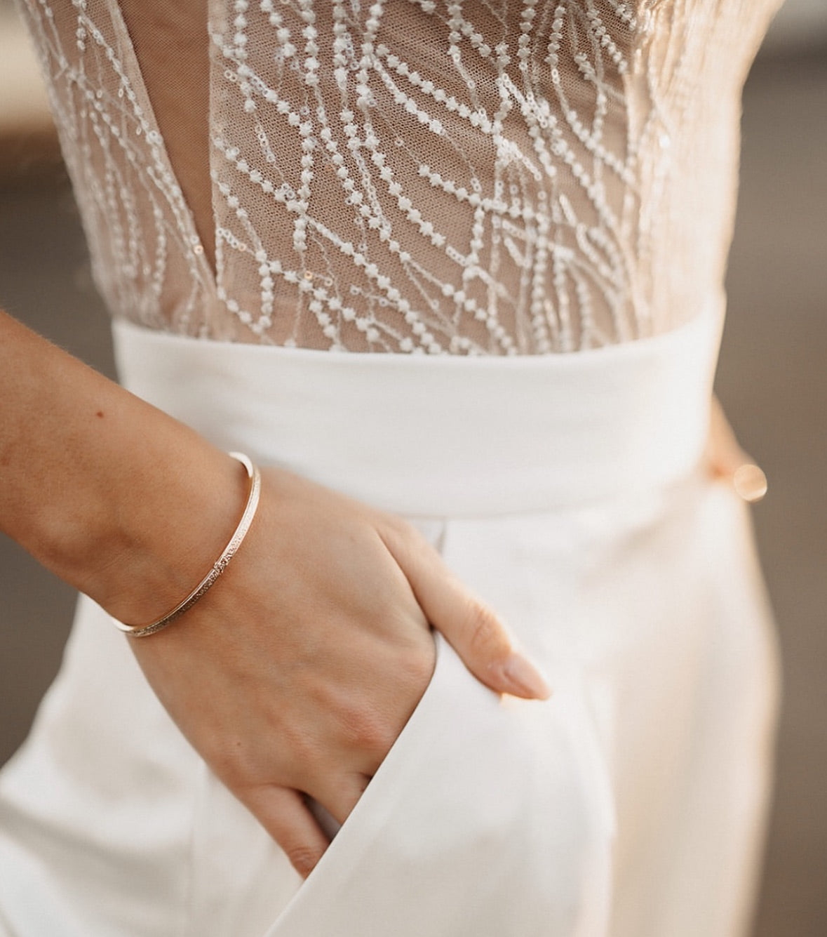 Beaded V-Neck Satin Jumpsuit with Pockets