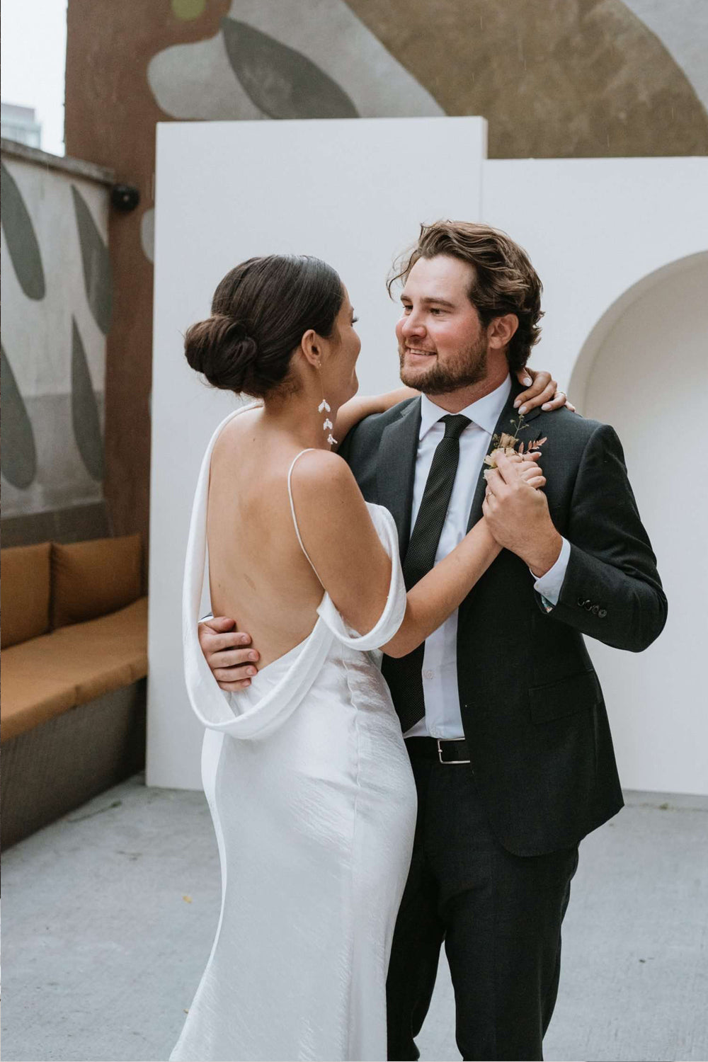 Asymmetrical Cowl Back Satin Slip Wedding Dress