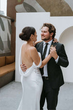 Asymmetrical Cowl Back Satin Slip Wedding Dress
