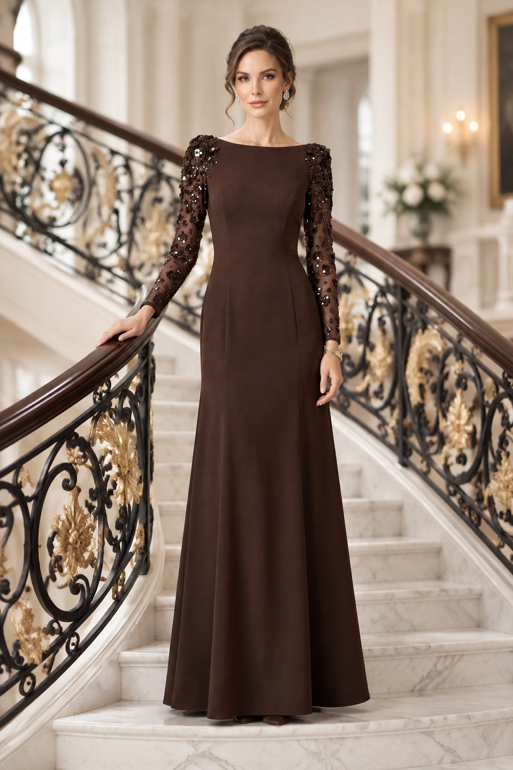 Bateau Illusion Long Sleeve Evening Gown