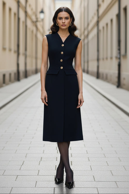 Button-Front Sleeveless Midi Vest Dress