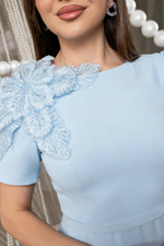 Asymmetrical Ruffle Crepe Midi Dress with Lace Applique