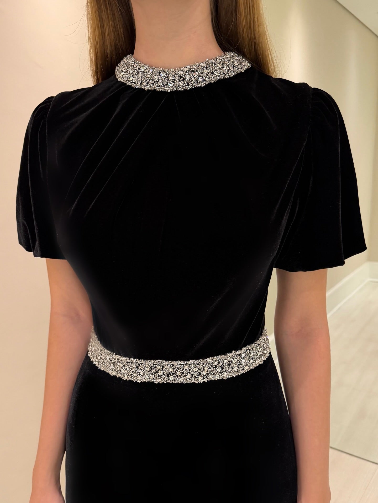 High-Neck Velvet Evening Gown with Crystal Trim