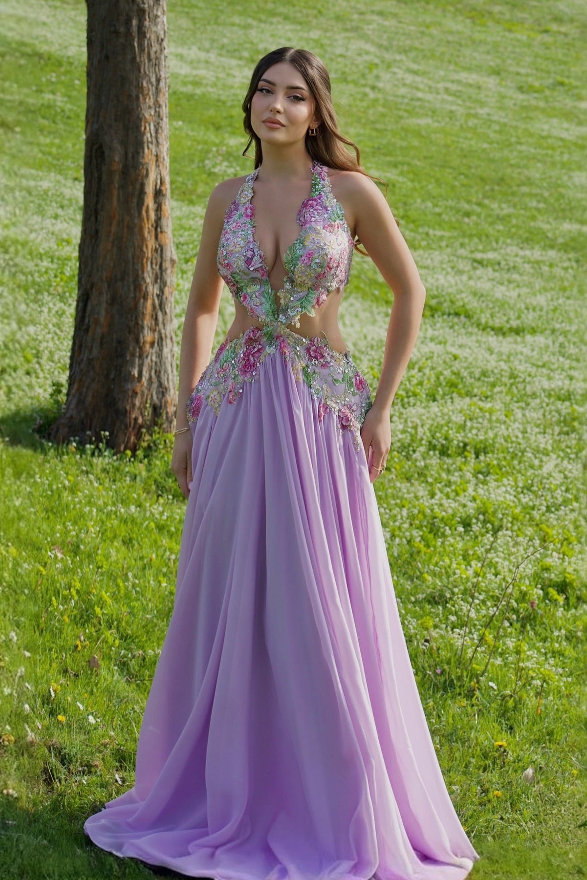 Floral Applique Halter Gown with Cut-Out Waist