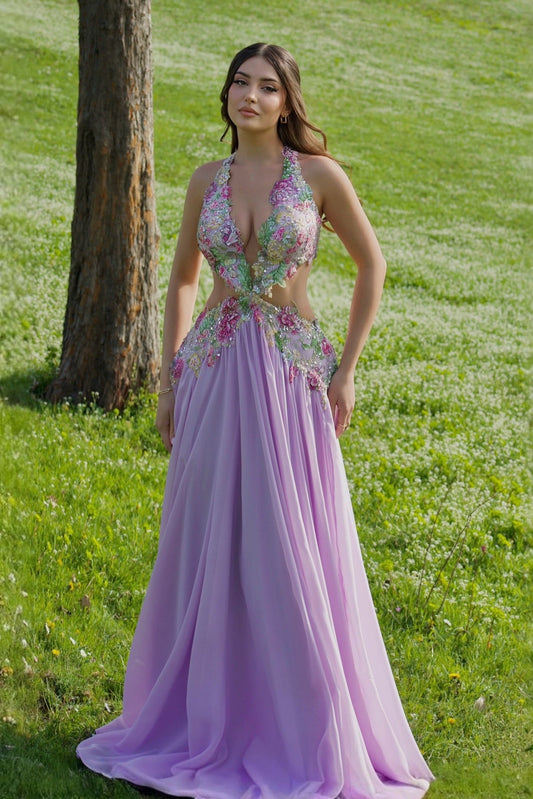 Floral Applique Halter Gown with Cut-Out Waist