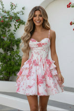 Floral Print Corset Tiered Mini Dress