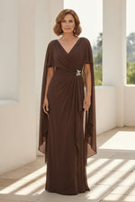 Chiffon Cape Sleeve Evening Gown with Brooch