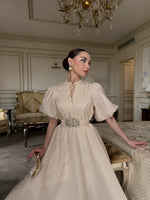 Elegant Puff Sleeve A-Line Evening Gown with Beaded Belt
