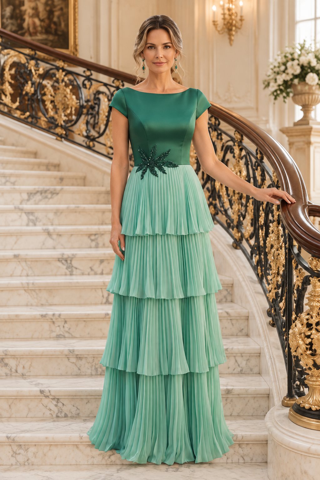 Tiered Pleated Evening Gown with Beaded Waist Applique