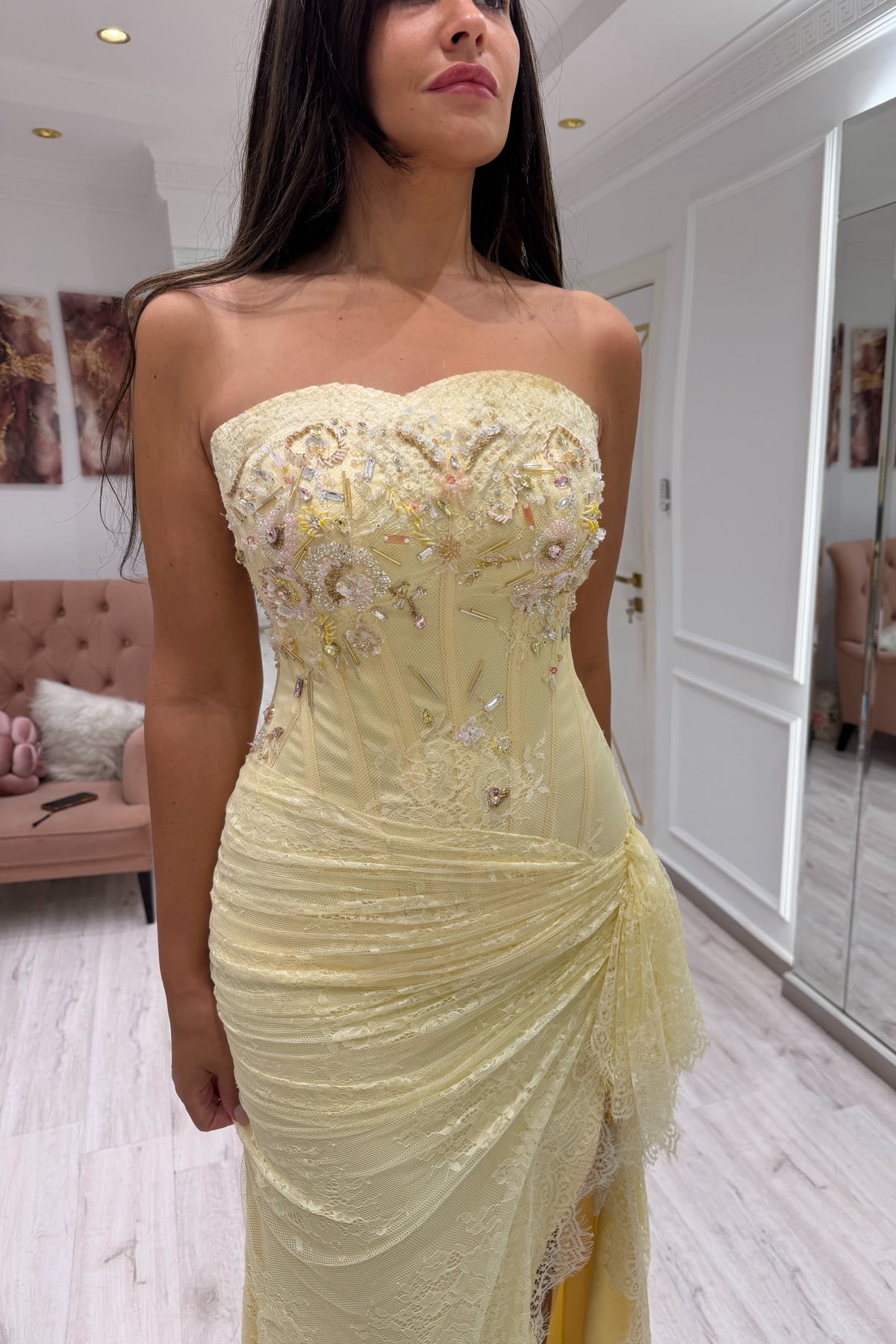 Strapless Beaded Lace Corset Gown with Slit