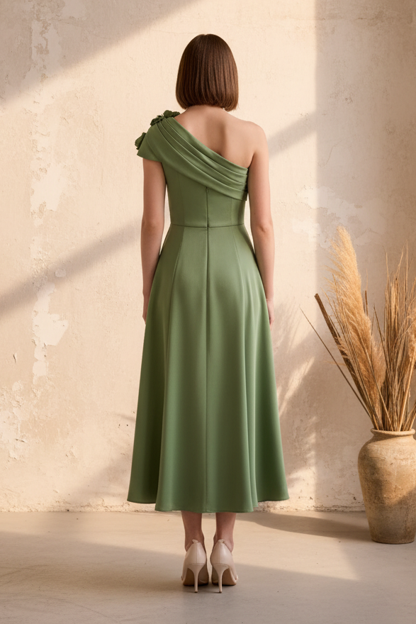3D Floral One Shoulder A-Line Midi Dress