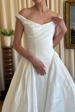 Off-the-Shoulder Pleated Bodice Ball Gown Wedding Dress