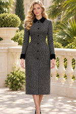 Herringbone Button-Front Midi Dress with Collar