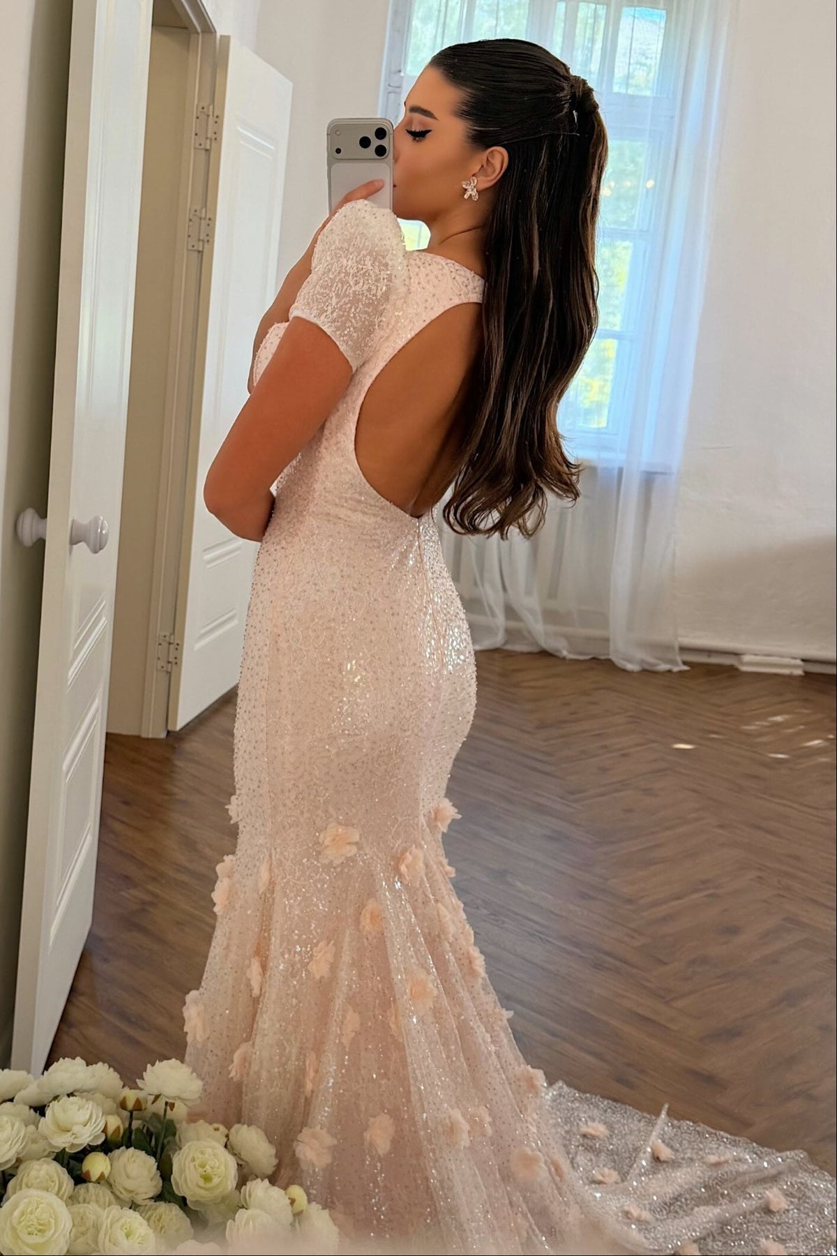 Sequined Mermaid Gown with 3D Floral Train