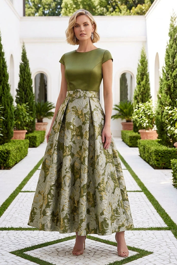 Bateau Neck Brocade A-Line Dress with Belt