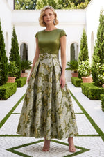 Bateau Neck Brocade A-Line Dress with Belt
