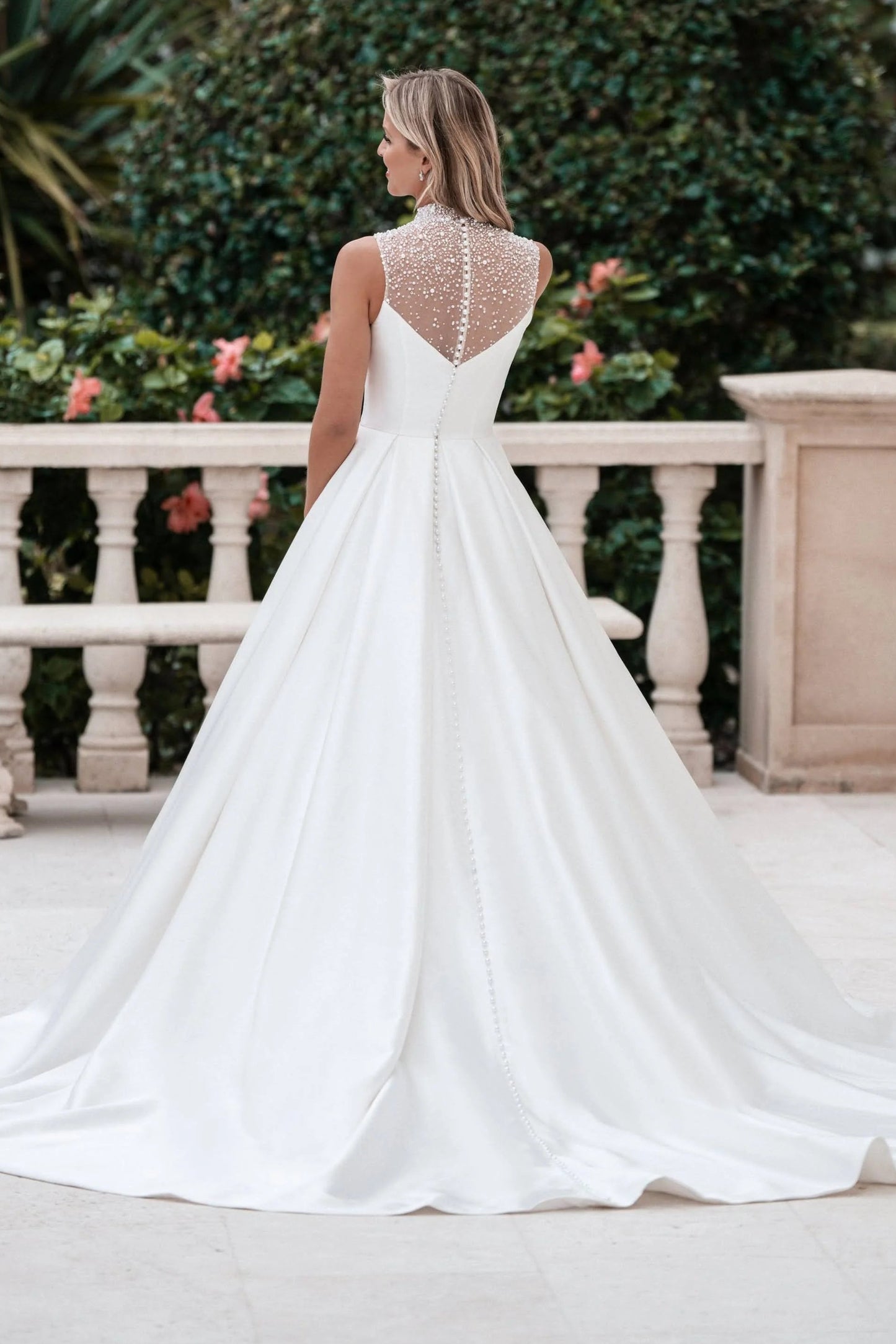 High Neck Illusion Beaded Satin Ball Gown Wedding Dress