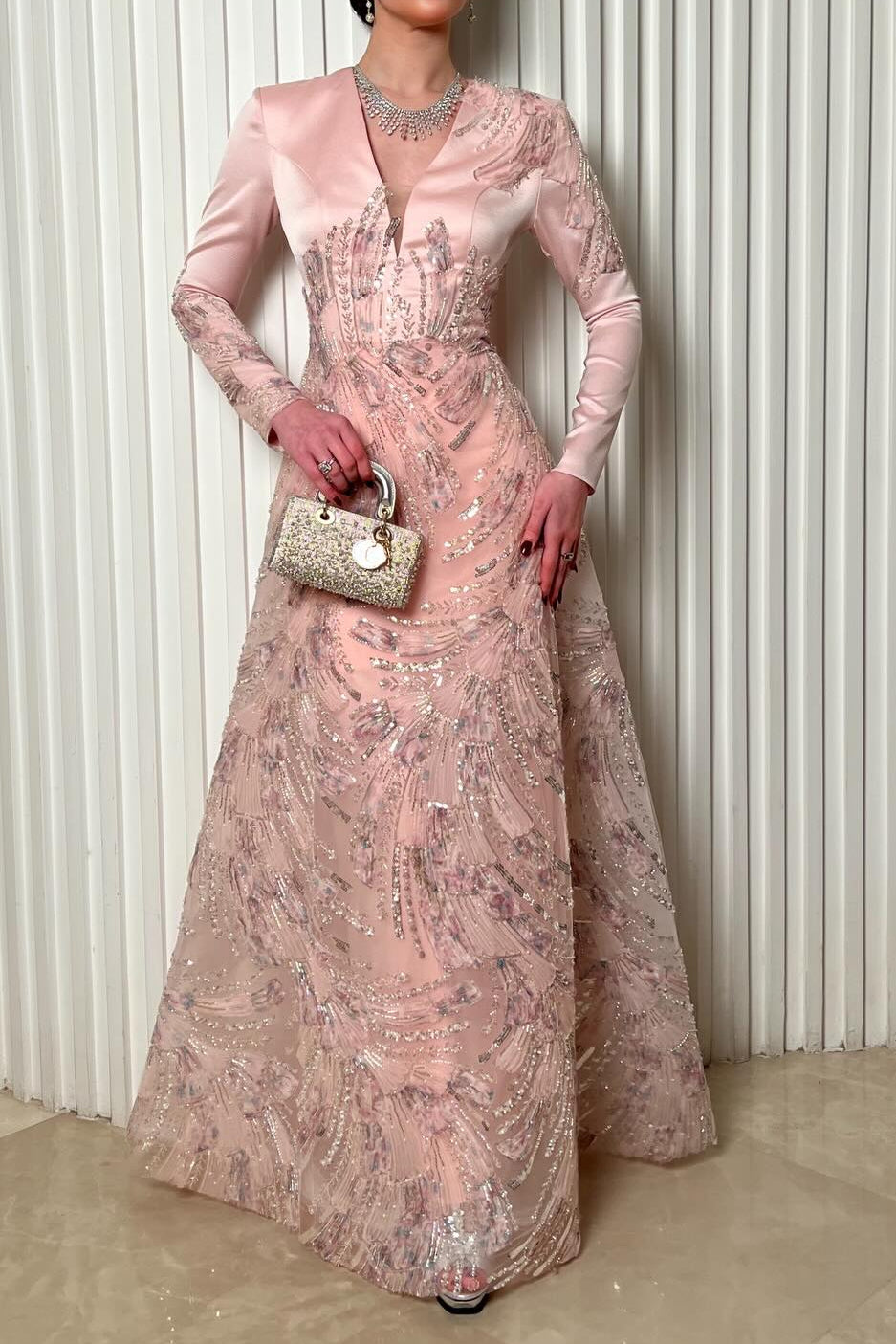 V-Neck Long Sleeve Sequin A-Line Gown