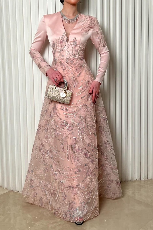 V-Neck Long Sleeve Sequin A-Line Gown