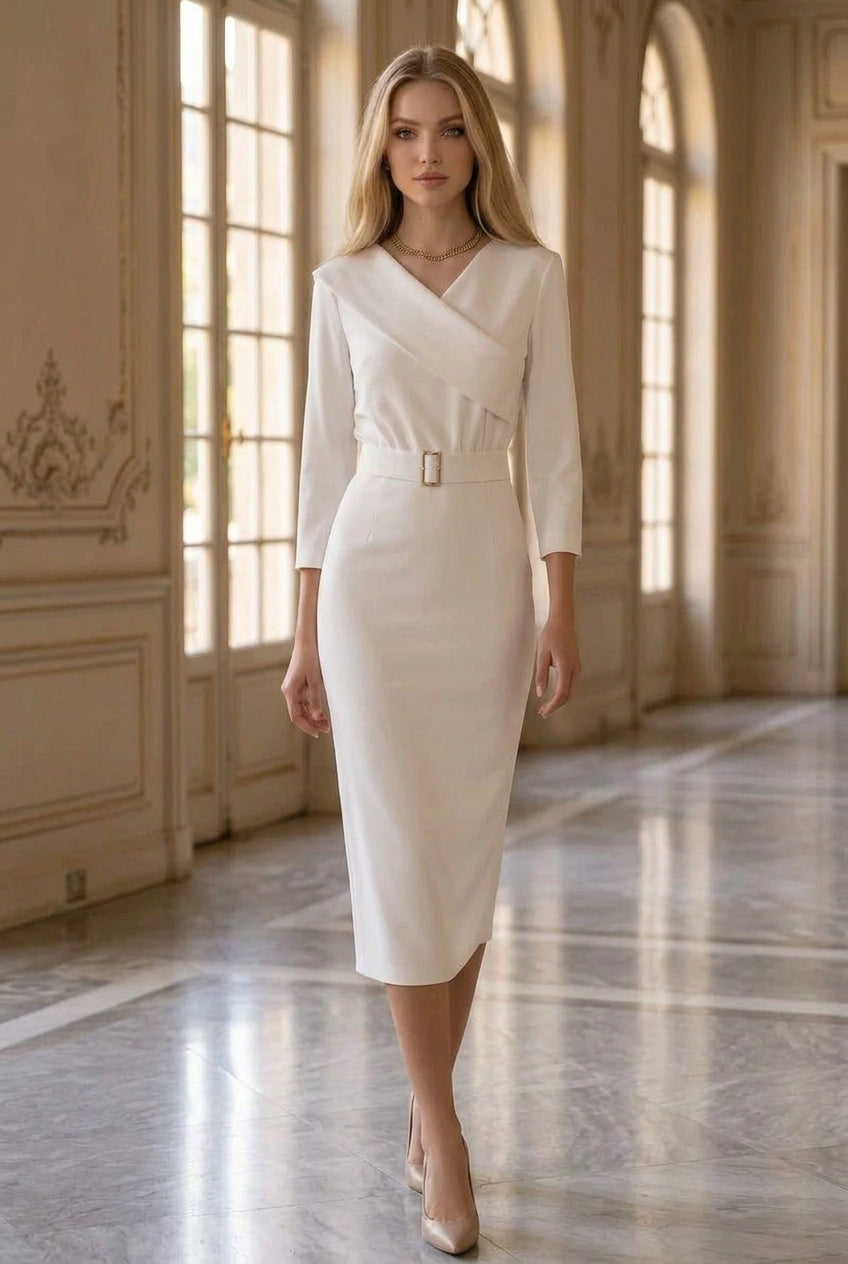Midi Sheath Dress with Asymmetric Collar & Belt