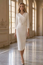 Midi Sheath Dress with Asymmetric Collar & Belt