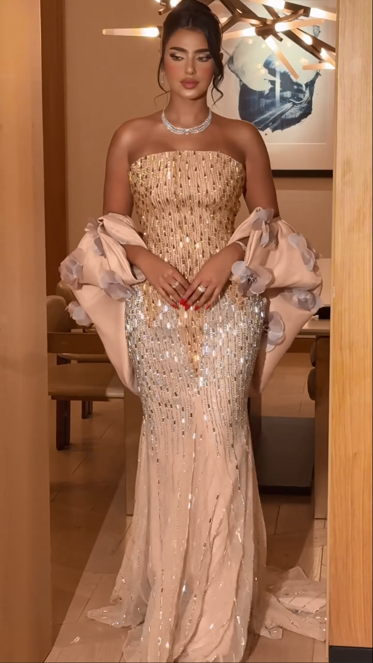 Strapless Embellished Gown with 3D Flower Wrap