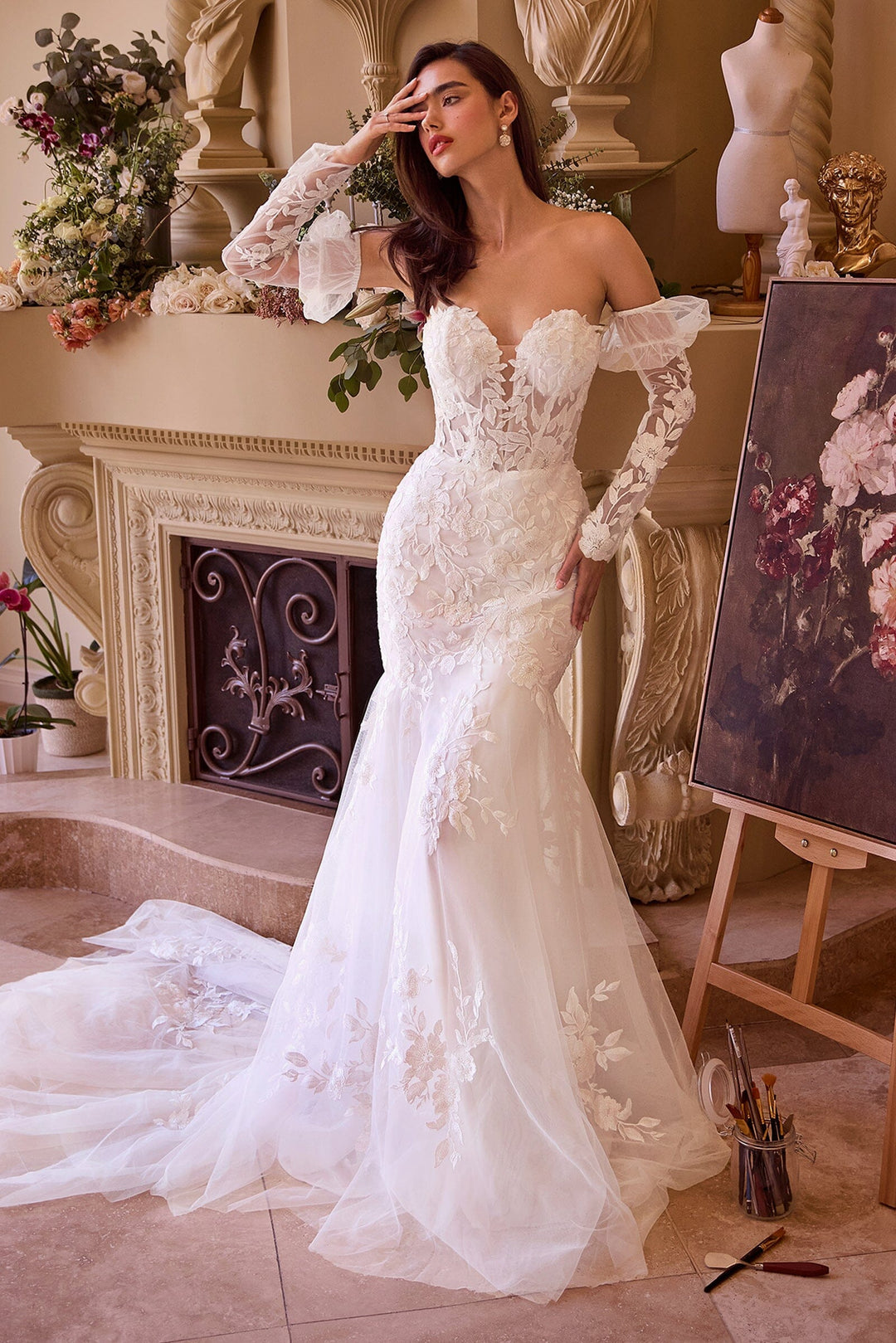 Off-the-Shoulder Lace Mermaid Wedding Dress with Train